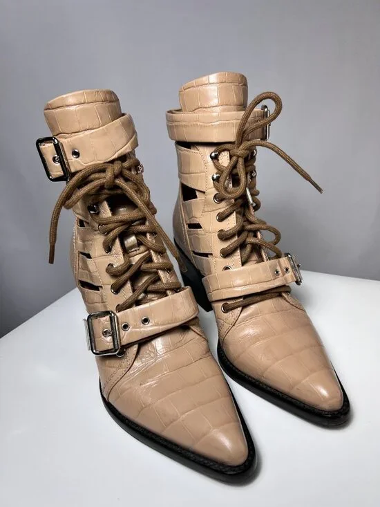 CHLOÉ Rylee Beige Crocodile-Embossed Leather Cutout Buckle Ankle Boots Sz 10USA - Picture 3 of 15